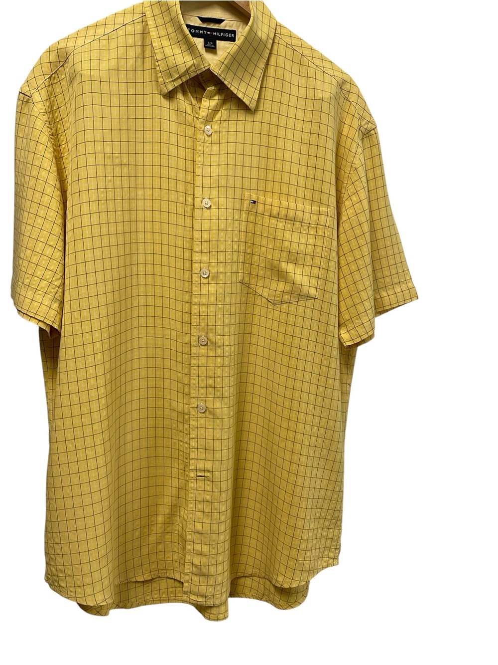 Tommy Hilfiger Men's Short-Sleeve Yellow Windowpane Button-Up Shirt, L